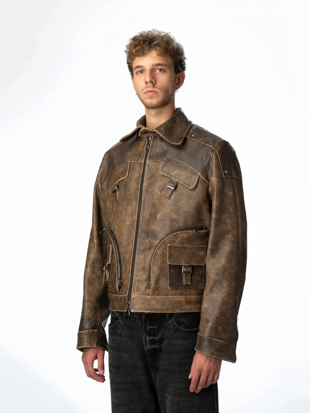 Multizip Leather Jacket Man - Brown