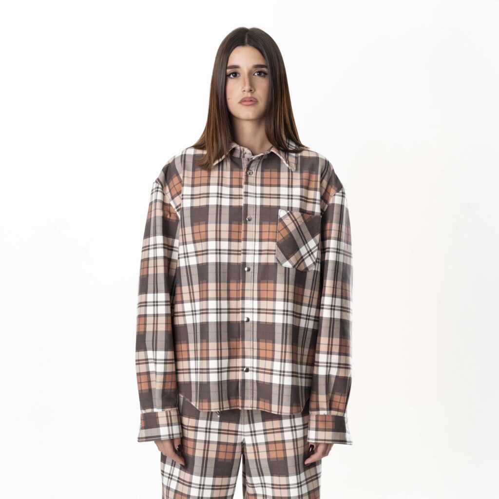 Leather Tartan Shirt Woman - Brown