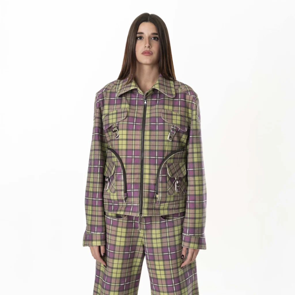 Multizip Leather Tartan Jacket Woman - Purple Green