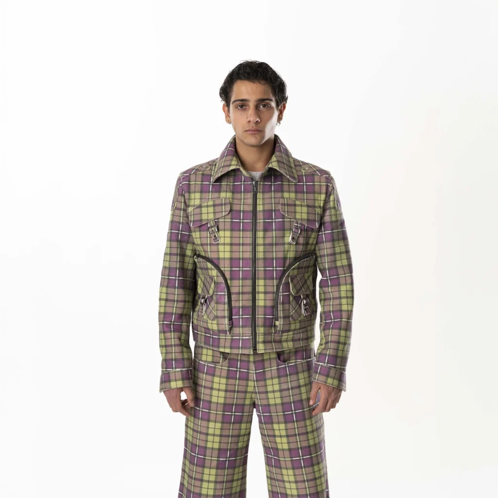 Multizip Leather Tartan Jacket Man - Purple Green