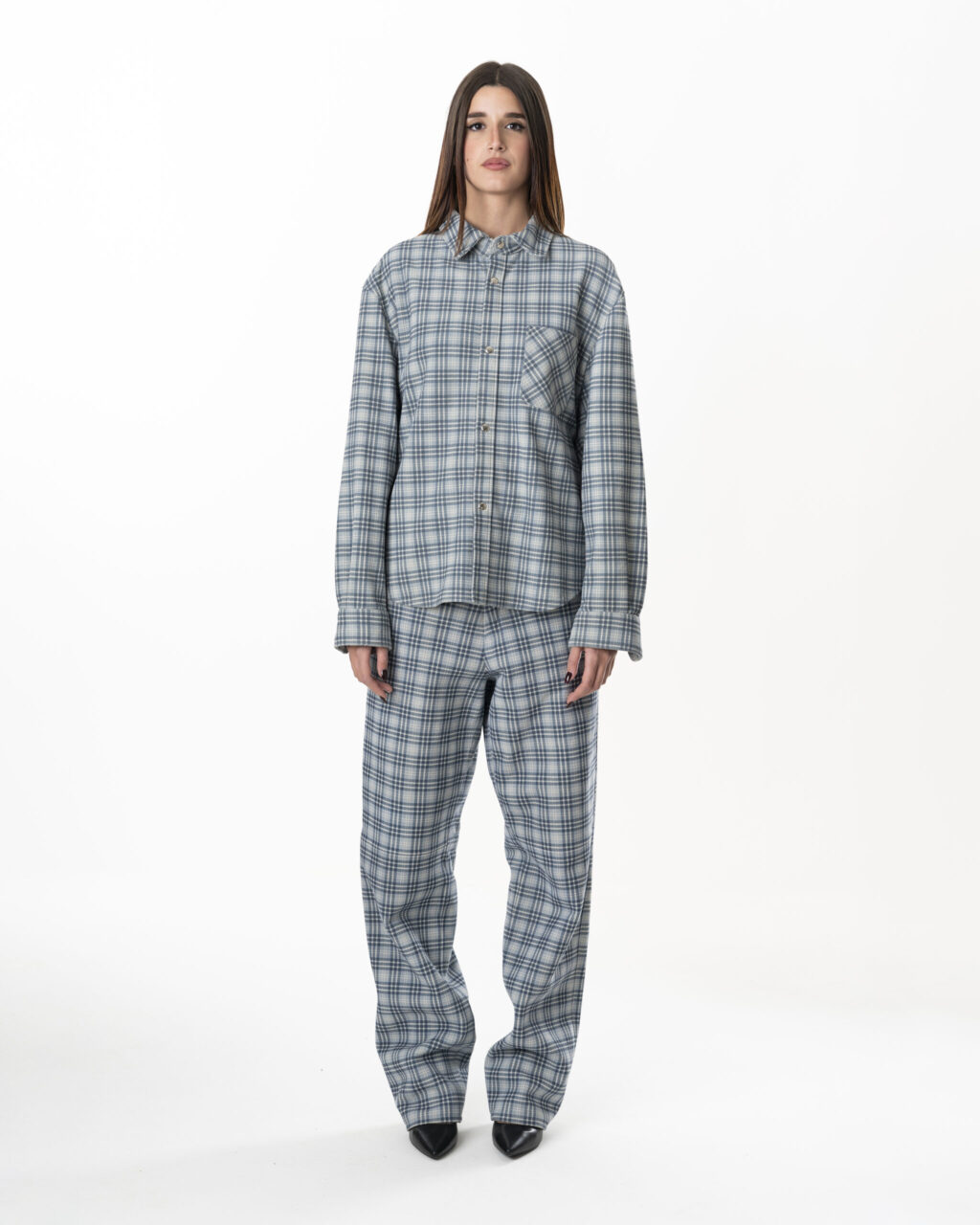 Leather Tartan Shirt Woman - Light Blue Grey - immagine 3