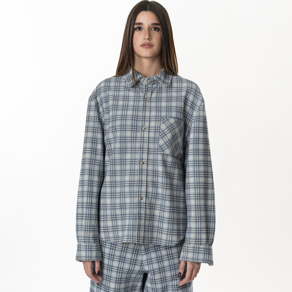 Leather Tartan Shirt Woman - Light Blue Grey