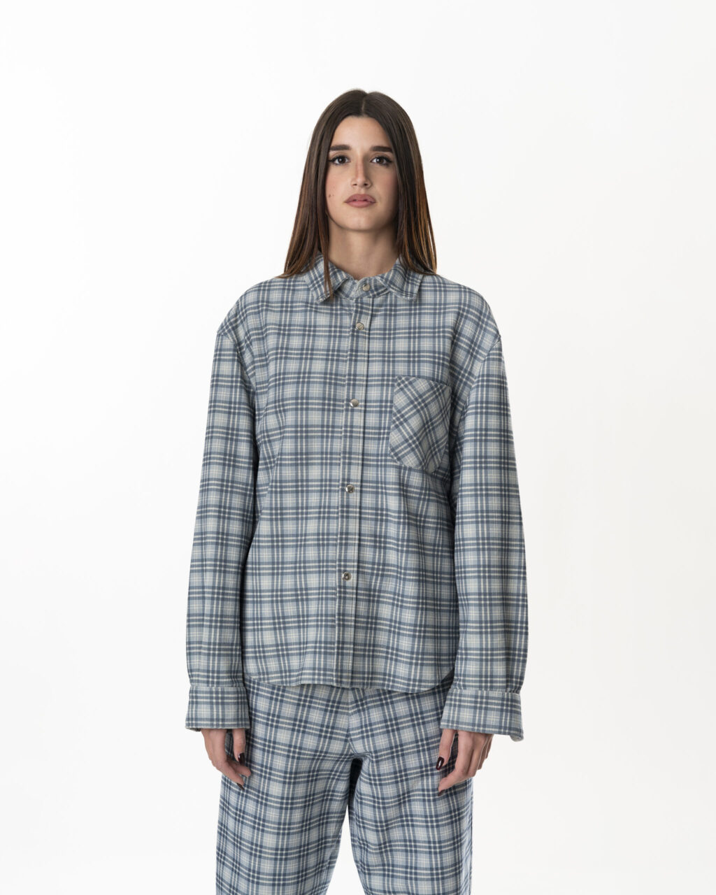 Leather Tartan Shirt Woman - Light Blue Grey