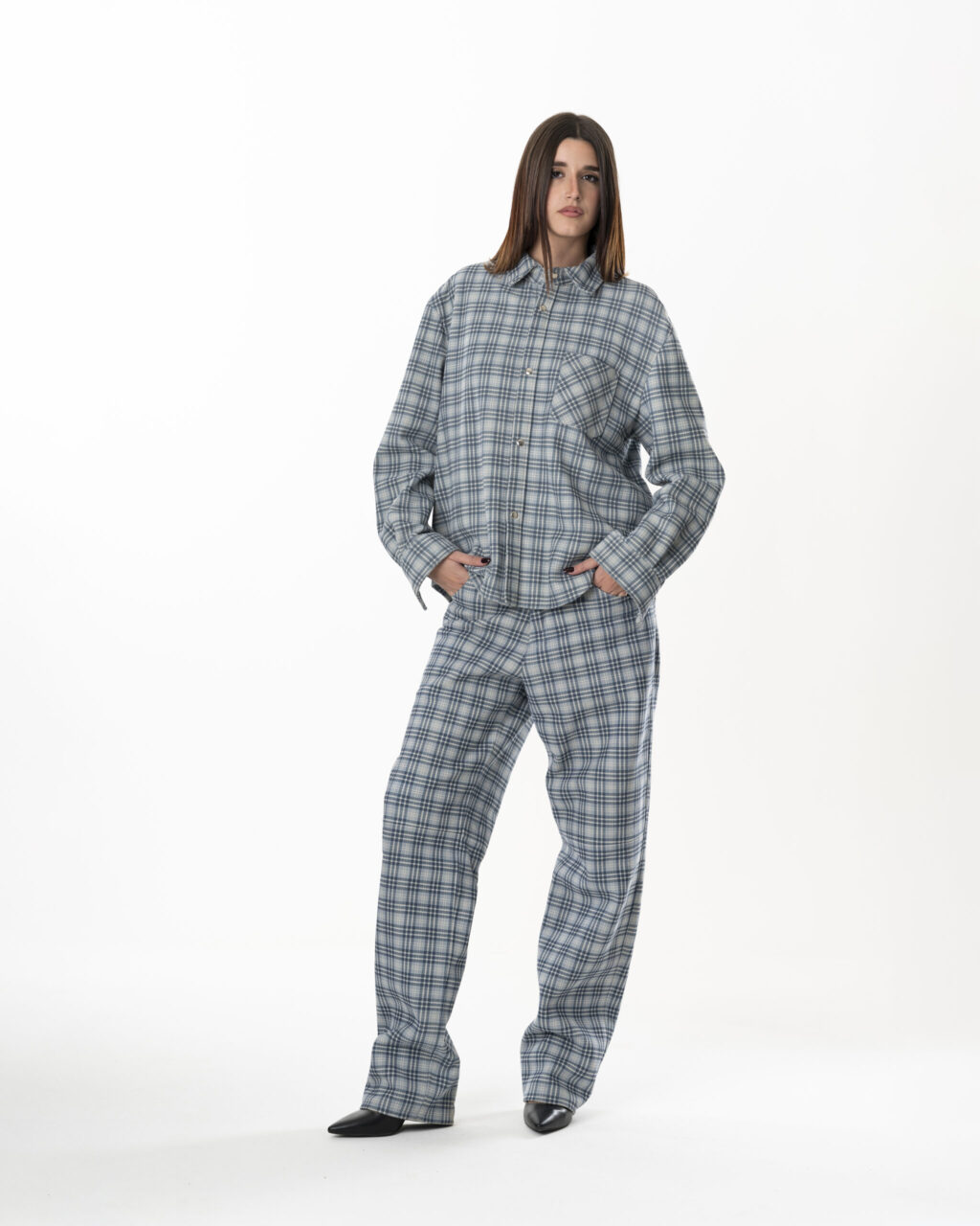 Leather Tartan Shirt Woman - Light Blue Grey - immagine 4
