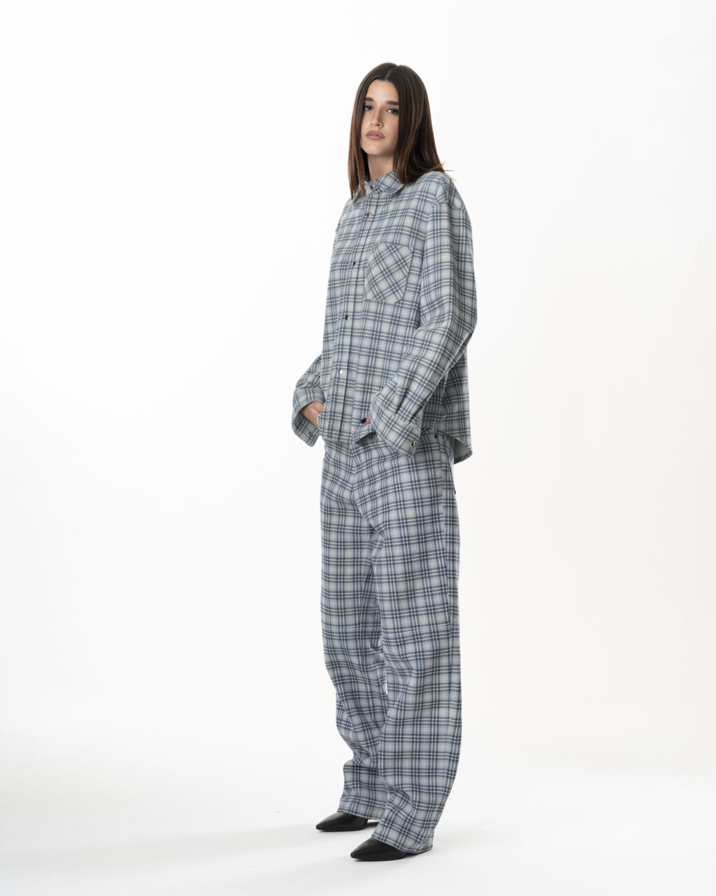 Leather Tartan Shirt Woman - Light Blue Grey - immagine 5
