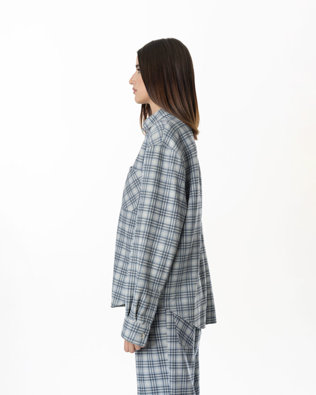 Leather Tartan Shirt Woman - Light Blue Grey - immagine 7