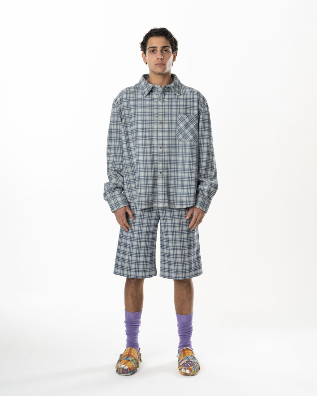 Leather Tartan Shirt Man - Light Blue Grey - immagine 2