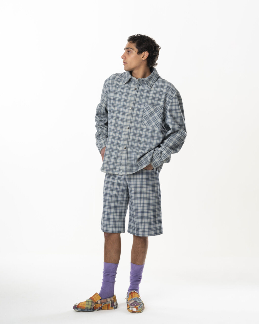 Leather Tartan Shirt Man - Light Blue Grey - immagine 3