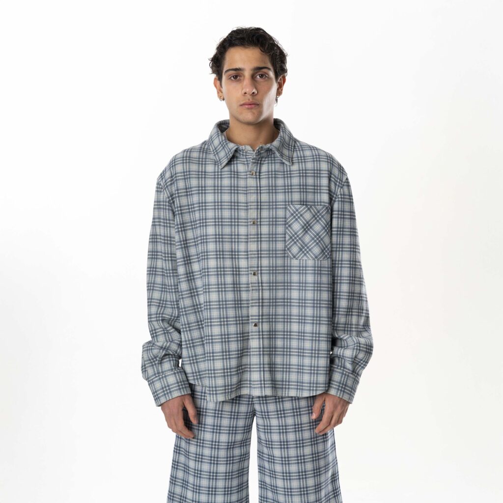 Leather Tartan Shirt Man - Light Blue Grey