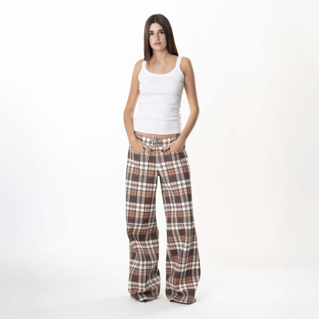 Leather Tartan Pant Woman - Brown