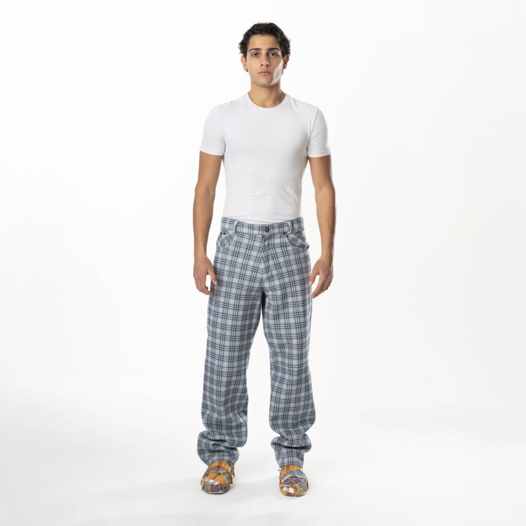 Leather Tartan Pant Man - Light Blue Grey